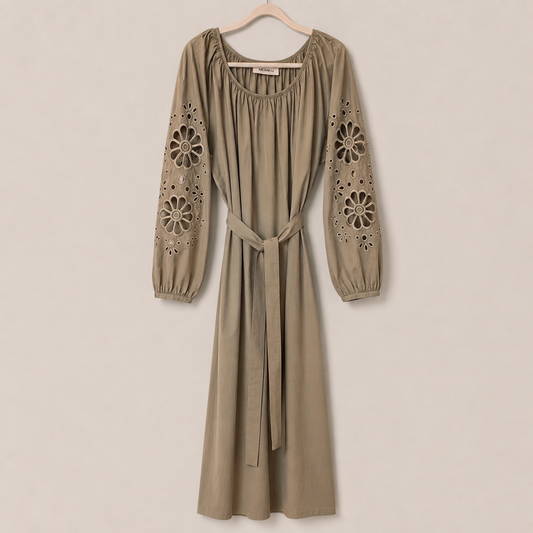 MEIMEIJ Damen Maxikleid Corda – Baumwollkleid mit Stickerei und Bindegürtel