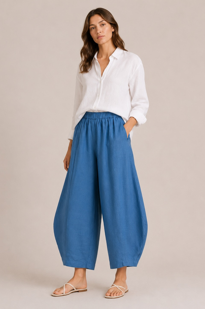 MEIMEIJ Damen Leinenhose 100 % Leinen in Cerulean Blau – Ballonhose – Made in Italy