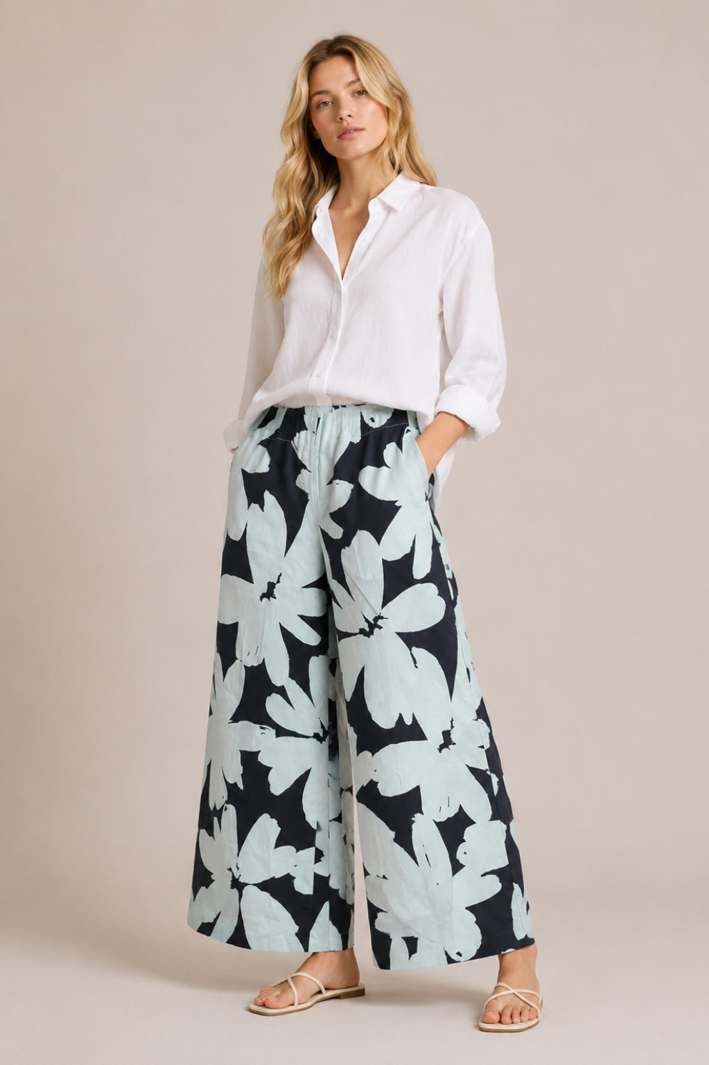 MEIMEIJ Palazzo Hose mit Blumenmuster – 100 % Baumwolle – Made in Italy