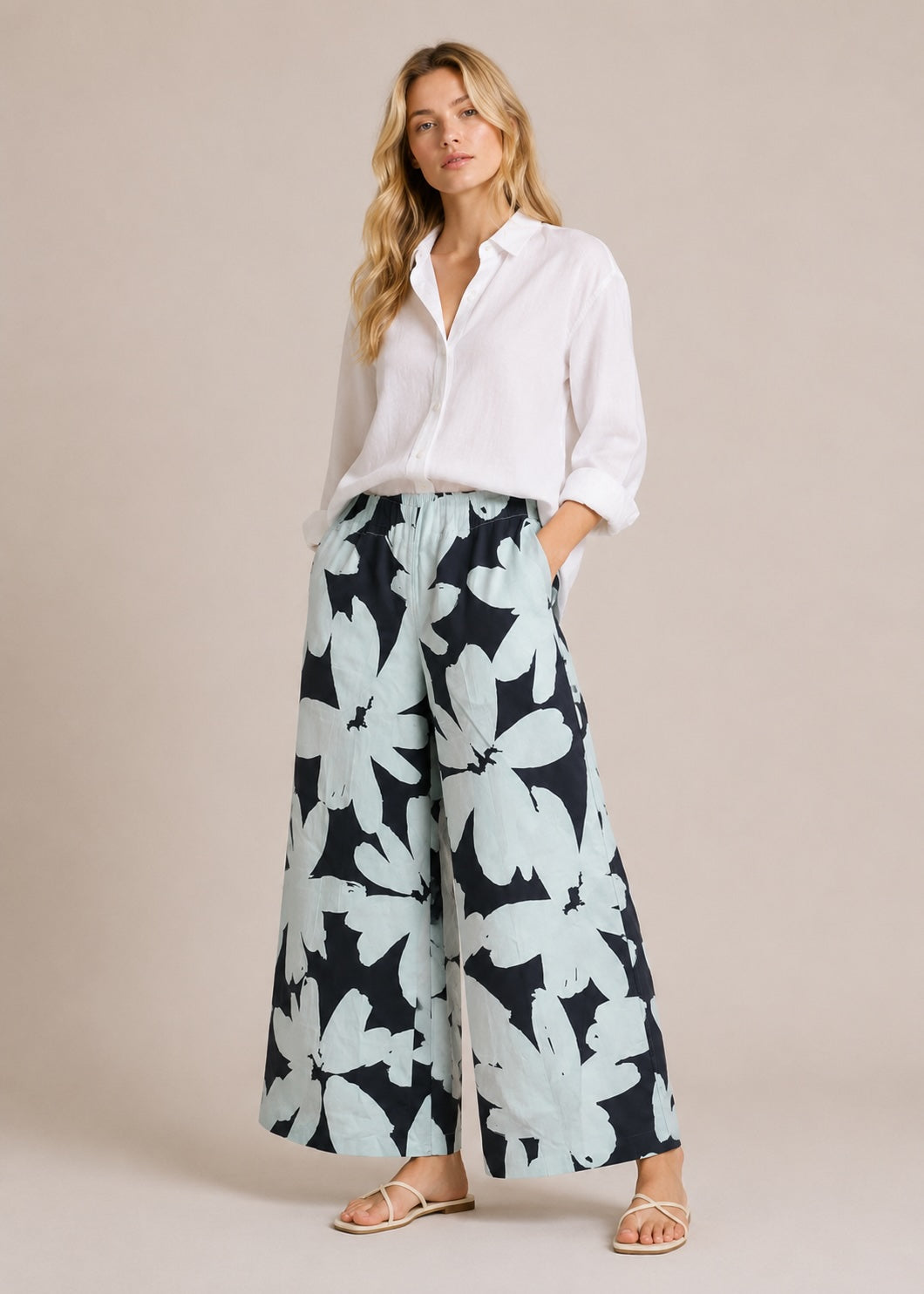 MEIMEIJ Palazzo Hose mit Blumenmuster – 100 % Baumwolle – Made in Italy
