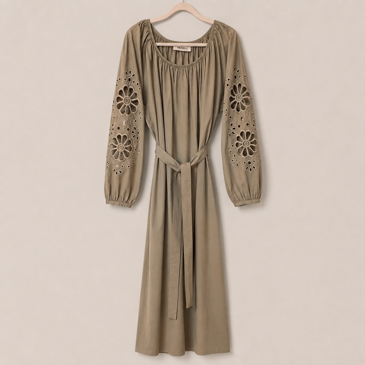 MEIMEIJ Damen Maxikleid Corda – Baumwollkleid mit Stickerei und Bindegürtel