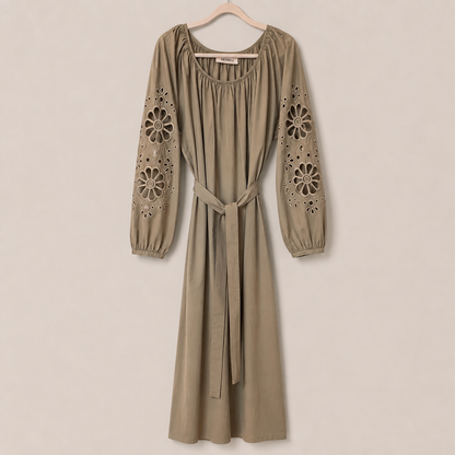 MEIMEIJ Damen Maxikleid Corda – Baumwollkleid mit Stickerei und Bindegürtel