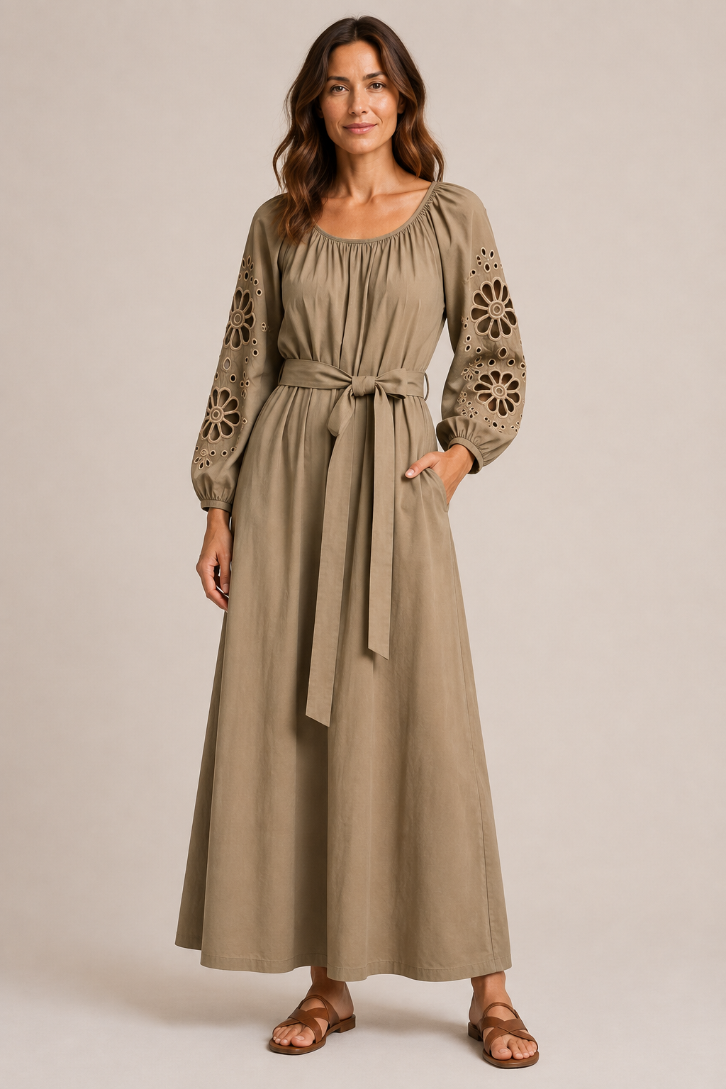 MEIMEIJ Damen Maxikleid Corda – Baumwollkleid mit Stickerei und Bindegürtel