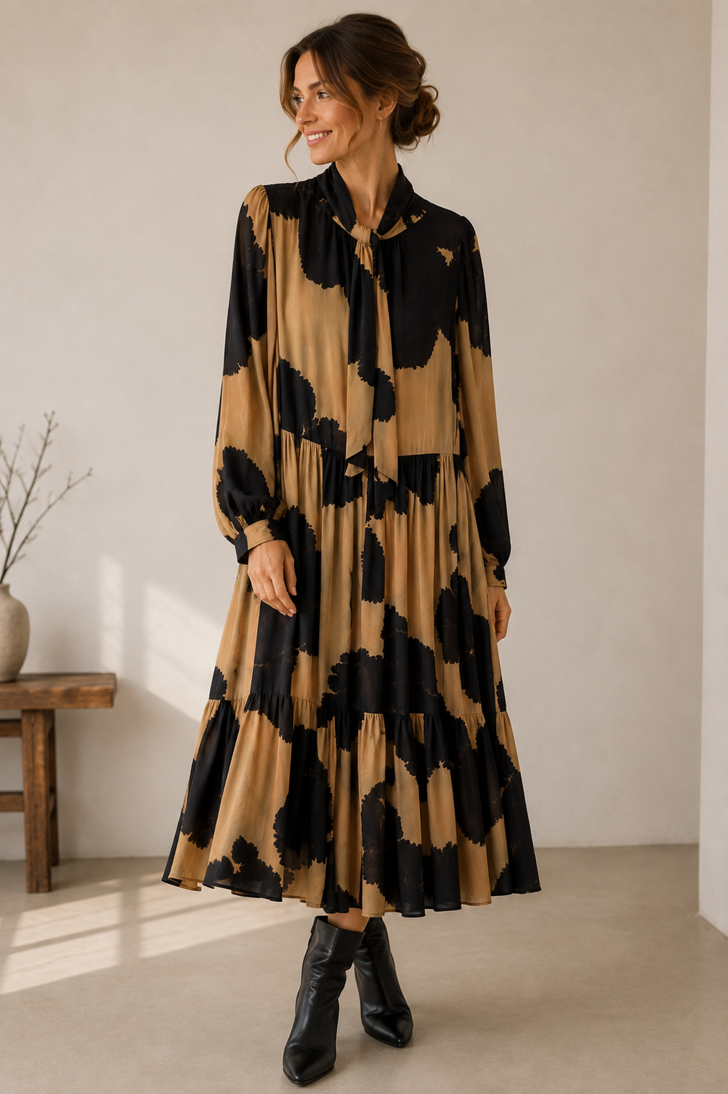 MEIMEIJ Damen Midikleid mit Unterkleid in Schwarz/Camel