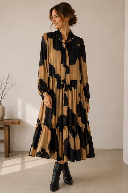 MEIMEIJ Damen Midikleid mit Unterkleid in Schwarz/Camel