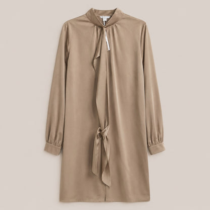 Marc Aurel Damen Kleid Dark Gold Satinoptik mit Schluppe Langarm Midikleid