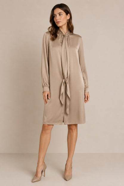 Marc Aurel Damen Kleid Dark Gold Satinoptik mit Schluppe Langarm Midikleid
