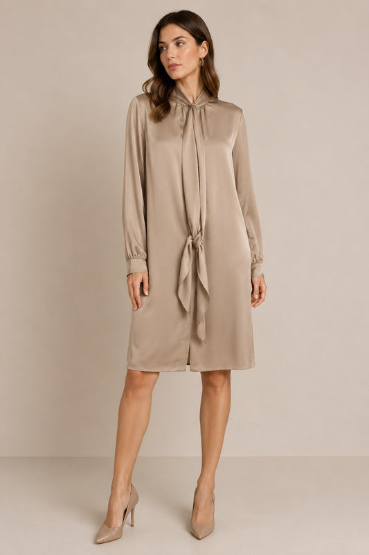 Marc Aurel Damen Kleid Dark Gold Satinoptik mit Schluppe Langarm