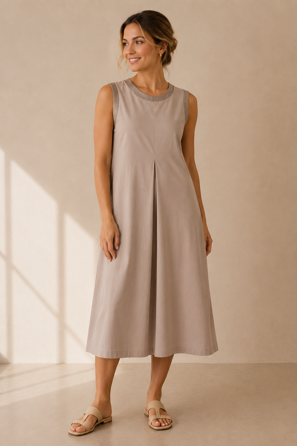 Made in Italy Damen Kleid Beige – Elegantes Midikleid mit ärmellosem Design