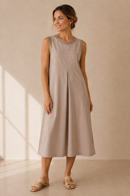Made in Italy Damen Kleid Beige – Elegantes Midikleid mit ärmellosem Design